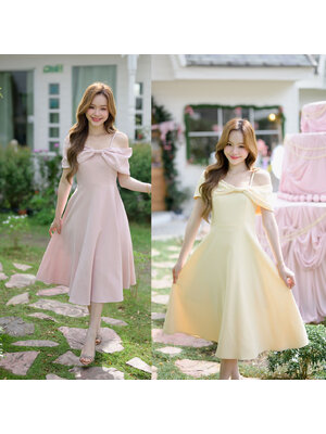 kudapy เดรสโทนสีพาสเทลนุ่มละมุน ดีไซน์หวานๆแต่งอกโบว์ใหญ่เปิดไหล่แบบ Off-shoulder จะใส่เปิดไหล่ 2 ข้าง
