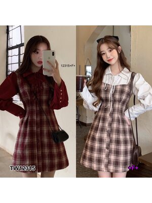 kudapy เดรสสั้นสีดำ/สีน้ำตาล ลายสก็อตกระดุมหน้า แขนพอง ตัวเดรสงานผ้าทอ แต่งแขนสีพื้น