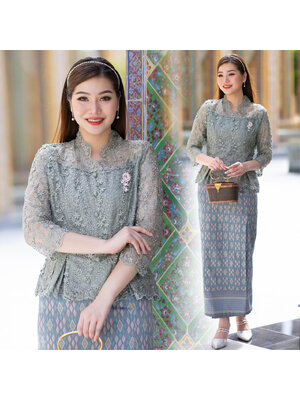 kudapy ชุดเซ็ทเสื้อลูกไม้ เกรดพรีเมี่ยม ชุดออกงาน ไปวัด ทำบุญ - ผ้าถุง ทอเครื่อง มัดหมี่ 3 ตะกอ (เขียวอความารีน)