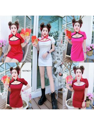 kudapy เดรสสั้นกี่เพ้าแขนตุ๊กตาสีแดงเข้ม ผ้าคอตตอนล่อง ดีเทลเว้าอก กุ้นดำ ใส่รับอั่งเปากันจ้า