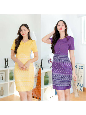 kudapy เดรสสั้นสีม่วง/สีเหลือง ลายไทยคอบัวกั๊กพื้น