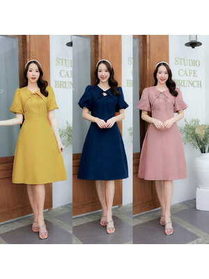 kudapy เดรสสั้นสีเหลือง/สีชมพู/สีกรม แขนตุ๊กตาผูกโบว์กระโปรงบาน ใส่สบายสวยดูดี