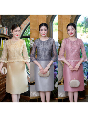 kudapy เดรสสั้นสีชมพู/สีเทา/สีเหลืองอ่อน ผ้าไหมญี่ปุ่น ดีไซน์ด้านบนเย็บคลุมด้วยลูกไม้ช่วงแขน ระบายที่ปลายแขน