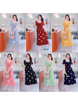 kudapy เดรสยาวสีกรมท่า ดำ ฟ้า เขียว เหลือง แดง คอเหลี่ยมแขนระบาย ผ้าไหมอิตาลี่ลายจุดใหญ่ อกแต่งสม็อค ชายเดรสแต่งระบาย