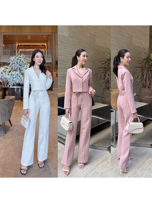 kudapy Sets 3 ชิ้น เสื้อ กางเกง เข็มขัดดอกไม้ เสื้อกระดุมปั้มจริง 2 เม็ด กางเกงตีเกล็ดหน้า ซิปตะขอมีซับในอย่างดี