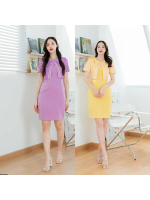 kudapy เดรสสั้นสีเหลือง/สีม่วง ผ้าพื้นคอบัวแต่งกั๊ก