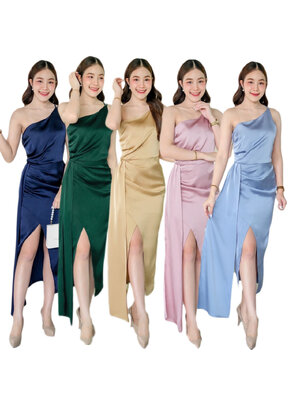 kudapy เดรสยาวสีเขียวเข้ม,นำ้ตาลทอง,ฟ้าคราม,ชมพูกลีบบัว,กรมท่า ไหล่เดี่ยว กระโปรงทรงทิวลิป แต่งชายผ้า