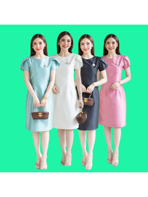 kudapy เดรสสั้นสีชมพู/สีเขียวอ่อน/สีดำ/สีขาว เดรสผ้าไหม 4 เส้น เนื้อผ้าอย่างดี อัดกาวทั้งตัว ทรงสวย