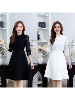 kudapy เดรสสั้นสีขาว/สีดำ ลูกไม้แขนห้าส่วน ตัดต่อกระโปรงผ้าพื้น สวยเรียบหรู ช่วงคอจับจีบ ดูสวยหวานนิดๆ ใช้ลูกไม้และผ้าพื้นคุณภาพ