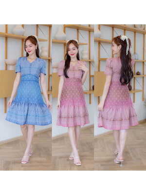 kudapy เดรสสั้นสีฟ้า/สีโอรส ลายดอกกระโปรงชั้น ชุดผ้าลายไทย ใส่ออกงาน ทำงานสวยดูดี