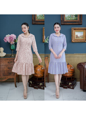 kudapy เดรสสั้นสีชมพู/สีม่วง ลูกไม่เนื้อนิ่มทรงเรียบร้อยสุภาพ ผ้าลูกไม้อัดกาวให้ทั้งชุด ทรงแขนยาวเลยศอก คอบัว แต่งกระดุม