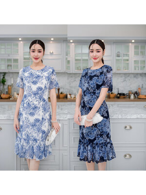kudapy เดรสสั้นสีขาว/สีกรม ผ้าชีฟองผ้าใส่สบายพิมพ์ลายดอกไม้ ทรงแขนสัั้นชายกระโปรงระบาย
