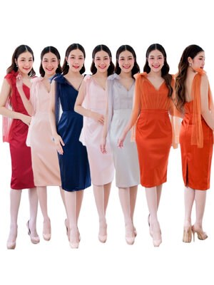 kudapy เดรสสั้นสีกรม ครีม เทา ชมพู ส้มอิฐ แดง ผ้าดัชเชทเเต่งมุ้งสองข้างกระโปรงผ่าหลัง แต่ง ผ้าตาข่ายนิ่ม