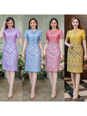 kudapy เดรสสั้นสีฟ้าทะเล/ม่วง/ชมพูกะปิ/เหลือง งานผ้าโพสลีเอสเตอร์เกาหลีแต่งกั๊กพิมพ์ลายไทยแพรวา มีซับในและชิปหลังใส่สบาย