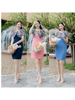 kudapy เดรสสั้นสีชมพู/สีฟ้า/สีกรม ผ้าพื้นแต่งกั๊กหมี ลายดอกไม้ สวยดูดี