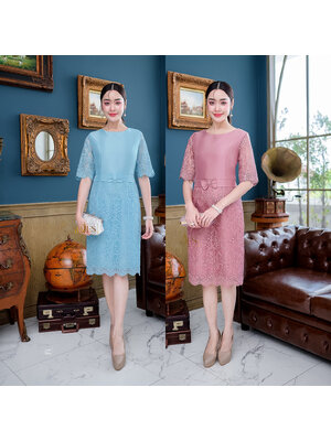 kudapy เดรสสั้นสีชมพูกะปิ/สีฟ้า ผ้าไหมทรงแขนศอก ผ้าลูกไม้ปักแต่งเลือม เป็นทรงเอวต่อช่วงเอวแต่งโบว์น่ารัก ผ้าไหมนิ่มไม่แข็ง