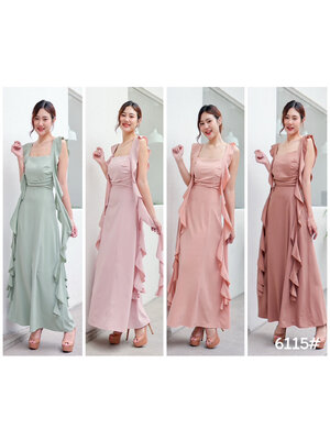 kudapy เดรสยาวสายเดี่ยว ระบายริ้บบิ้นเกลียว เข้ารูปเอวสับ กระโปรงบานสวย เนื้อผ้าชีฟองหนา มีซับในทั้งตัว