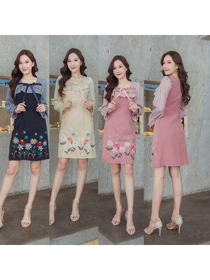 kudapy เดรสสั้นสีครีม/สีชมพู/สีกรม แขนยาวสก๊อต ดีเทลปักลายดอก น่ารักมาก ใส่ไปทำงาน ไปคาเฟ่ก็ได้