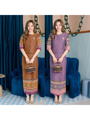 kudapy เซ็ทผ้าไหมแกมฝ้ายลายยกพุ่มบิณฑ์ทรงเรือนต้น สีสีน้ำตาลทอง สีม่วงเปลือกมังคุด