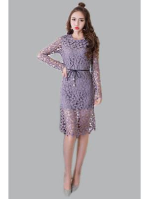 kudapy ชุดเดรสผ้าลูกไม้สีเทาแขนยาวสวยเรียบหรูออกงาน