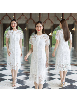 kudapy เดรสสั้นสีขาว ผ้าลูกไม้ แพทเทิลชุดสวย ทรงนี้ใส่พลางหุ่นได้ดี มีซับในทั้งตัว ซิปหลังสวมใส่ง่าย