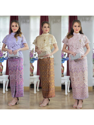 kudapy ชุดเซ็ทเสื้อลูกไม้+ผ้าถุง เสื้อเนื้อผ้าผ้าลูกไม้ใยบวบเกรดพรีเมี่ยมทั้งผืน ผ้าถุงลยไทยสวย ใส่ออกงานดูดี