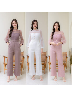 kudapy จั้มสูทกางเกงขายาว แต่งผ้าชีฟอง คอกลมทรงสูง ใส่ไปทำงานได้ลุคคุณหญิงคุณใจ