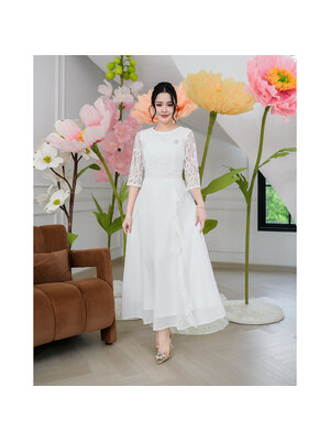 kudapy เดรสลูกไม้ผ้านิ่มทรงแขนศอก กระโปรงยาวผ้าพริ้วแต่ระบายเพิ่มเลเยอร์ให้ชุดดูสวย