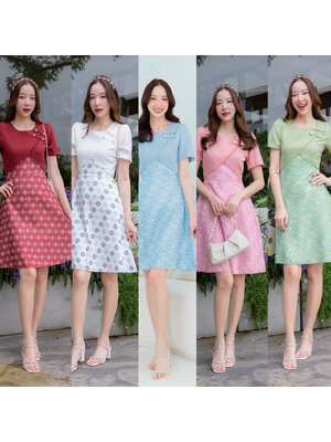 kudapy เดรสสั้นสีเขียว/สีแดง/สีชมพู/สีฟ้า/สีขาว กระโปรงลายไทย ใส่ทำงาน ใส่เที่ยวสวยดูดี