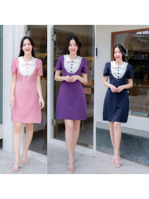 kudapy เดรสสั้นสีชพู/สีกรม/สีม่วง ผ้าพื้นแต่งอกปักมุก