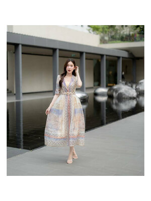 kudapy เดรสยาวสีครีม เดรสคอปกพิมพ์ลาย ใส่ออกงานเที่ยวทะเลสวยดูดี