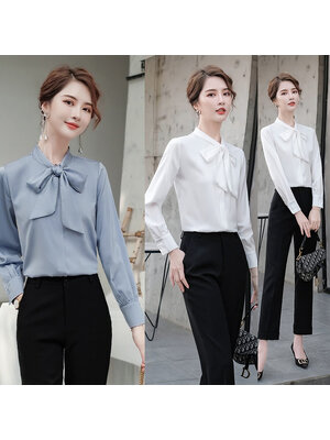 kudapy เสื้อเชิ้ตทำงานผู้หญิงสีเทา/สีขาว คอกลมแต่งโบว์แขนยาว (เฉพาะเสื้อ)