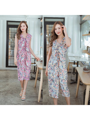 kudapy เดรสสั้นสีครีม/สีชมพู แขนกุดแต่งระบายหน้า