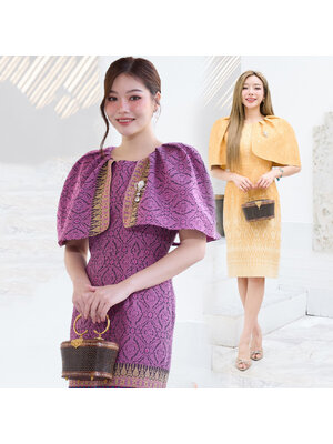 kudapy เดรสสั้นคลุมเข่า ออกงานสีม่วง สีเหลือง เดรสผ้าไหมไทยทอลาย งานตัดผ้าไหมไทย