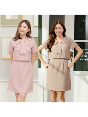 kudapy เดรสแขนสั้น คอปกแต่งหูกระต่าย แพทเทิร์นเหมือนใส่แยกชิ้น ช่วงกระโปรงทรงเอจับเกล็ดเข้าเอว