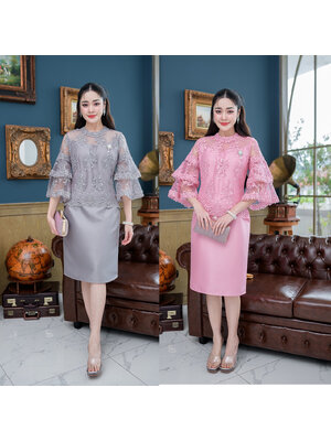 kudapy เดรสสั้นสีเทา/สีชมพู ผ้าไหมลูกไม้ ตัวเสื้อเป็นผ้าลูกไม้คอร์ดฝรั่งเศส ดีไซน์แขนได้สวยหรูหรา