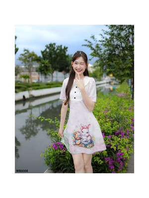 kudapy เดรสสั้นสีฟ้า ลายกระต่ายพาสเทล ใส่สบายสวยดูดี