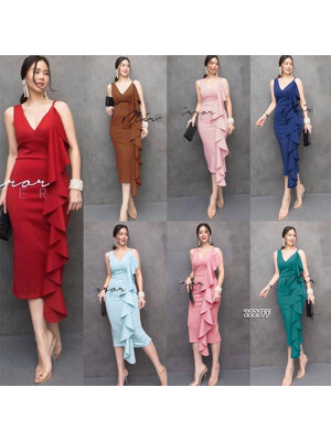 kudapy เดรสสายเดี่ยวสีน้ำตาลเข้ม/สีเขียว/สีฟ้า/สีน้ำตาล ผ้าซาร่าเงา แต่งระบายย้วยลงมาเพิ่มความโดดเด่นให้กับชุด