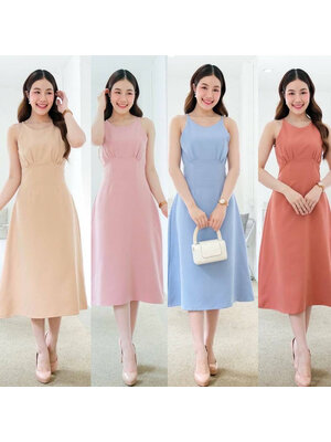 kudapy เดรสสั้นสีชมพู ครีม ฟ้า ชาไทย ผ้าบาร์บี้ เนื้อดี ยืดหยุ่น คัตติ้ง เอวสูงปรี๊ด จีบใต้อก กระโปรงบานตีเกร็ดเอว