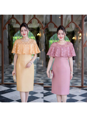 kudapy เดรสสั้นสีเหลืองทอง/สีชมพุกะปิ ผ้าไหมสไตล์คลุมไหล่ เดรสเป็นผ้าไหมญี่ปุ่นทรงเอวต่อผ้าไหมอัดกาวให้ทั้งชุด