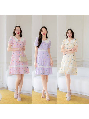 kudapy เดรสสั้นสีครีม สีชมพู สีม่วง คอปกแต่งเอวลูกไม้ลายหัวใจ