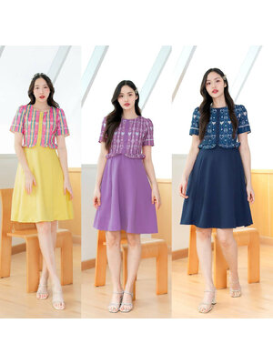 kudapy เดรสสั้นสีกรม/สีม่วง/สีเหลือง กระโปรงสีพื้นแต่งเสื้อลายไทย