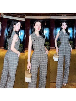 kudapy เซ็ทขายาวลายสก๊อตเสื้อแขนกุด ตัวเสื้อแต่งกระเป๋าหลอกตรงหน้าอก2ข้าง กระดุมจริงสีน้ำตาล