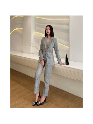 kudapy เซ็ทเสื้อ Blazer +กางเกงขายาว เสื้อสูทลายสก๊อตแถบฟ้า แต่งกระดุม