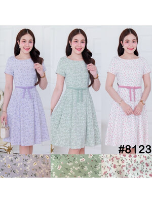 kudapy เดรสสั้นสีม่วง/สีเขียว/สีชมพู คอกลมแขนสั้น จับแมชสีเข็มขัดโบว์ กระโปรงจับจีบเอว ทรงเอ มีกระเป๋าข้าง ซิปหลัง