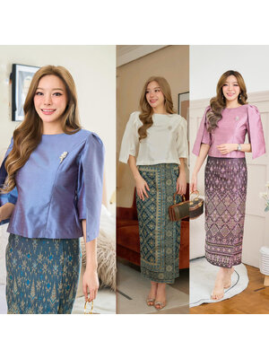 kudapy ชุดเซ็ท เสื้อผ้าไหมแพรทิพย์พรีเมี่ยมอัดกาวอย่างดี+ผ้าถุงตัดสำเร็จรูปทอลายอัดกาว