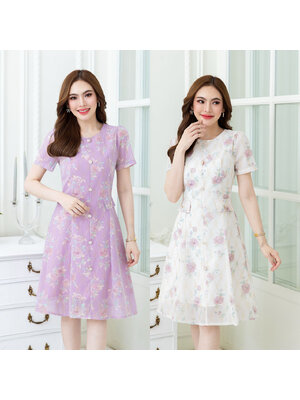 kudapy เดรสสั้นสี ครีม/สีชมพูม่วง ชีฟองพิมพ์ลายอัดกาวผ้าตาข่ายปักดิ้นทอง สวยหวาน แพทเทิร์นเรียบง่ายทรงสวย