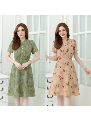 kudapy เดรสสั้นสีเขียว/สีเบจน้ำตาล ลายดอก แพทเทิร์นสวย เรียบๆ มีดีเทล เย็บตีเกล็ดแต่งกระดุมหัวใจ