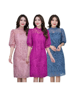 kudapy เดรสสั้นลูกไม้สีฟ้าคราม/สีชมพูอ่อน/สีชมพูบานเย็น เดรสคอจีน แต่งแขนพองบอลลูนสีส่วน