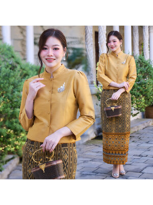 kudapy ชุดเซตคอจิตรลดาสีเหลืองทอง แขนยาว เสื้อผ้าไหม+ผ้าถุงทอลายกาฬสินทร์ ทบหน้า